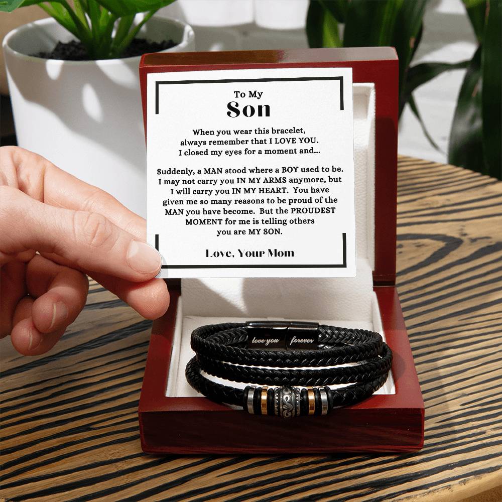 Mom - To My Son - I Will Carry You In My Heart - Gift to Son from Mom - Love You Forever Bracelet - Birthday - Graduation - Holiday Gift - Father's Day - Special Occasion Gift