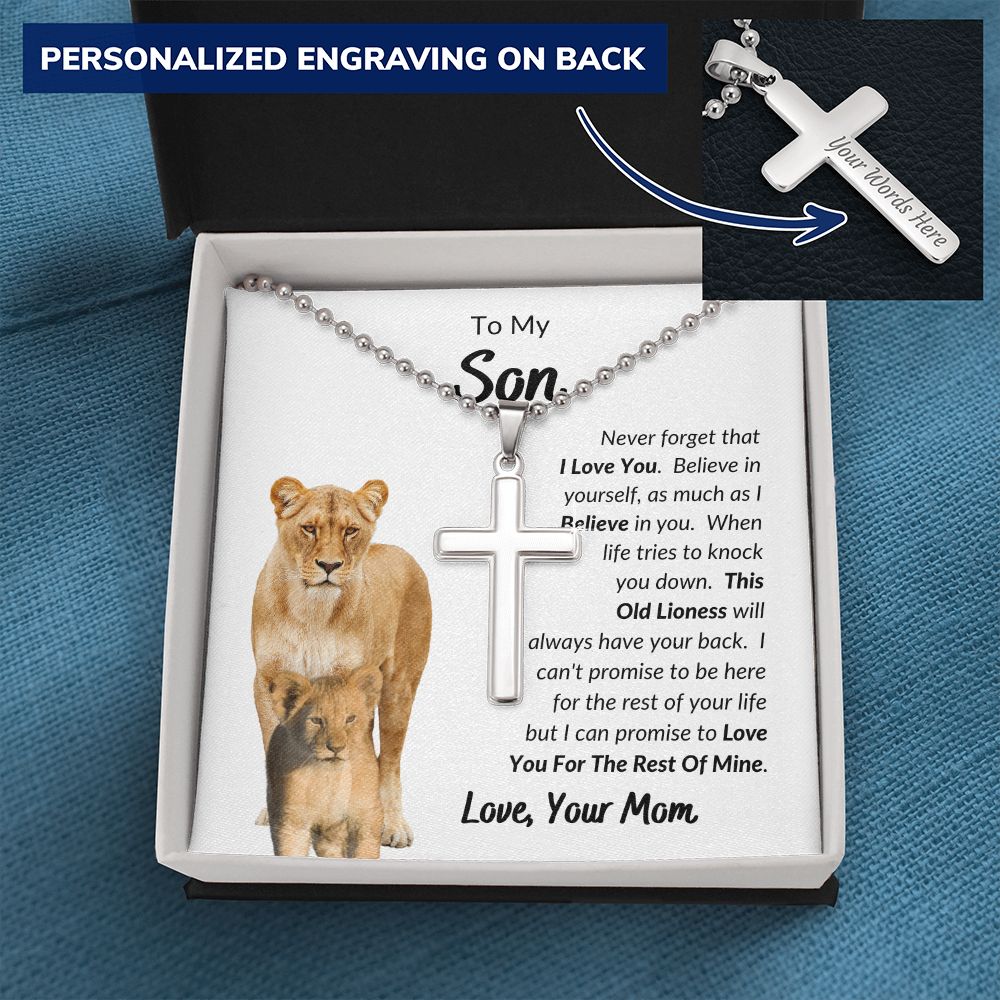 Mom - To My Son - I Love You - Personalized Cross Necklace with Military Style Ball Chain -Son Gift - Birthday - Father's Day Gift from Mom - Grad Gift - Holiday Gift