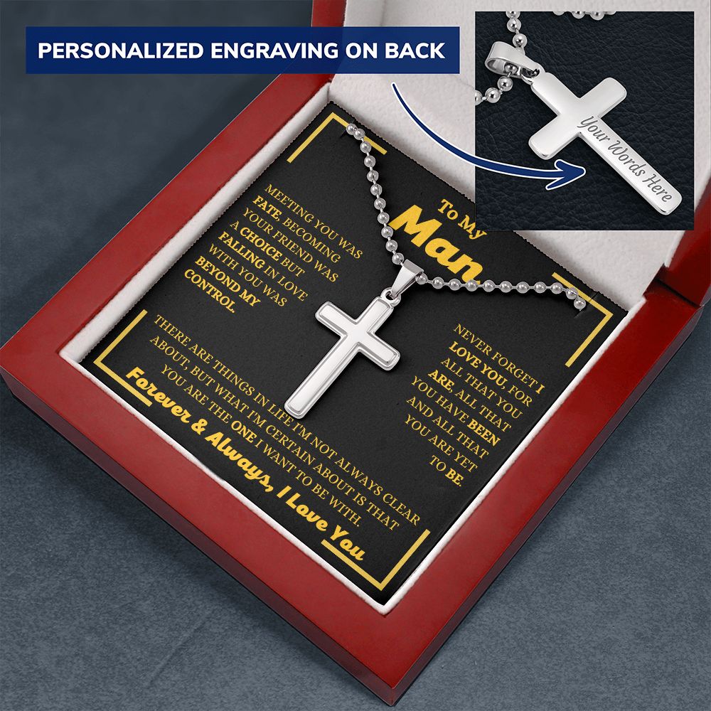 To My Man - I Love You - Personalized Cross with Military Style Ball Chain - Romantic Gift for Him -Birthday Gift - Holiday Gift