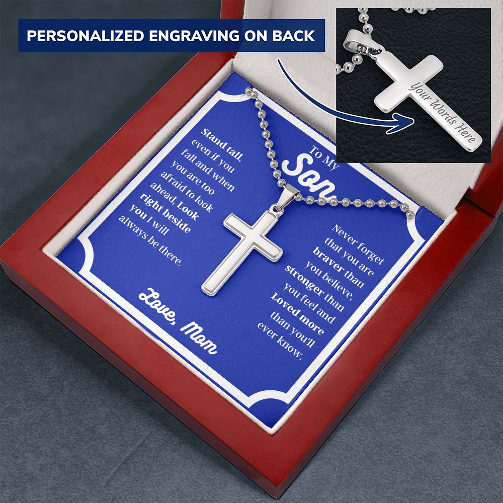 Mom - To My Son - Stand Tall - Personalized Cross Necklace with Military Style Ball Chain -Son Gift - Birthday - Father's Day Gift from Mom - Grad Gift - Holiday Gift