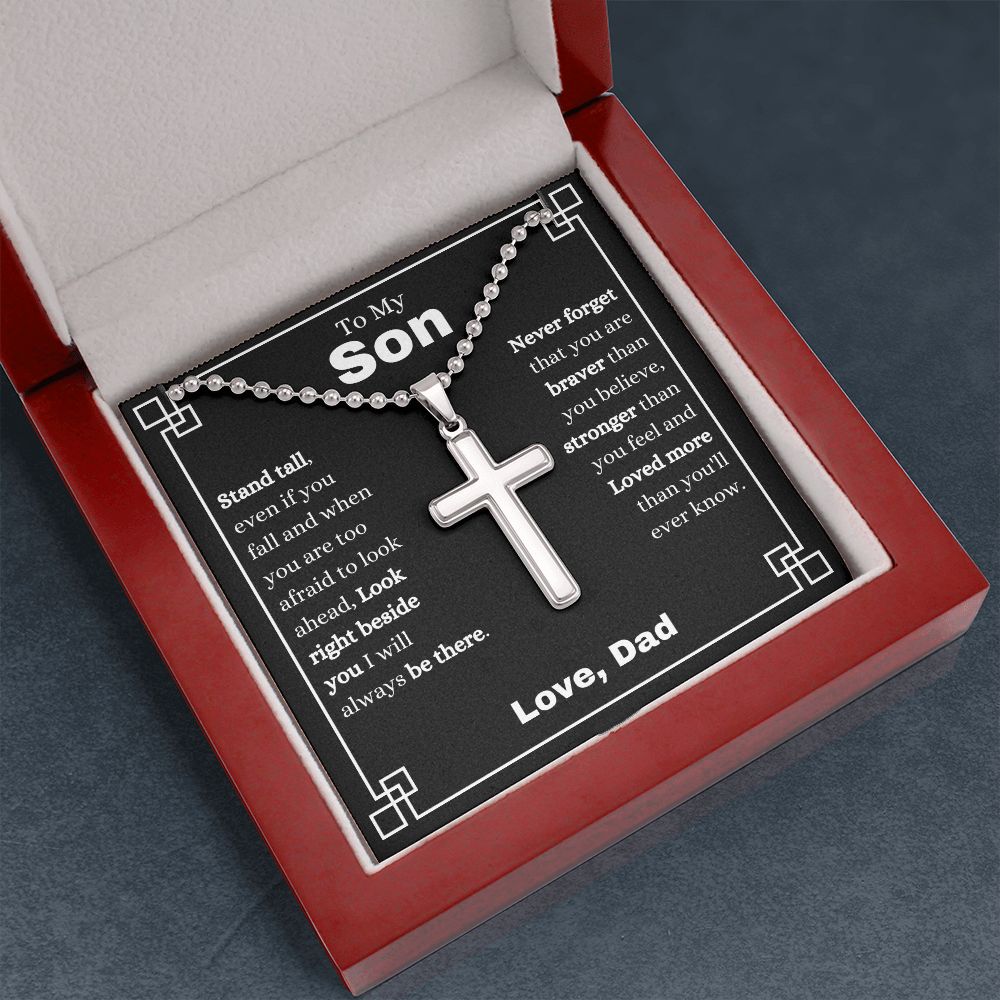 Dad - To My Son - Never Forget - Stainless Cross Necklace with Ball Chain - Son Gift - Birthday - Father's Day Gift from Dad - Grad Gift - Holiday Gift