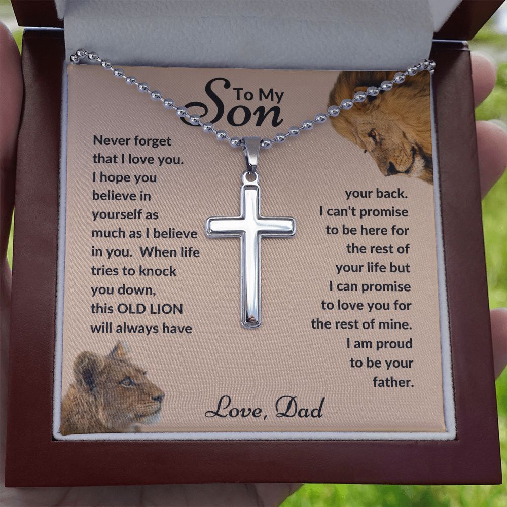 Dad - To My Son - This Old Lion - Stainless Cross Necklace with Ball Chain - Son Gift - Birthday - Father's Day Gift from Dad - Grad Gift - Holiday Gift