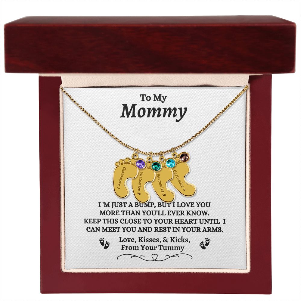 To My Mommy - I'm Just A Bump - Engraved Baby Feet Necklace with Birthstone - Mom To Be Gift - Baby Shower Gift - Expectant Mother Gift From Family & Friends