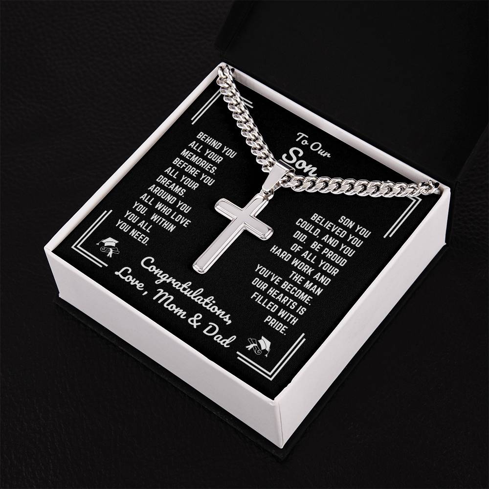 Mom & Dad - To Our Son - Graduation - Personalized Cross Necklace with Cuban Link Chain - Graduation Gift - Gift from Mom & Dad