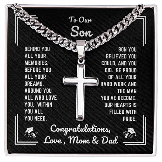 Mom & Dad - To Our Son - Graduation - Personalized Cross Necklace with Cuban Link Chain - Graduation Gift - Gift from Mom & Dad