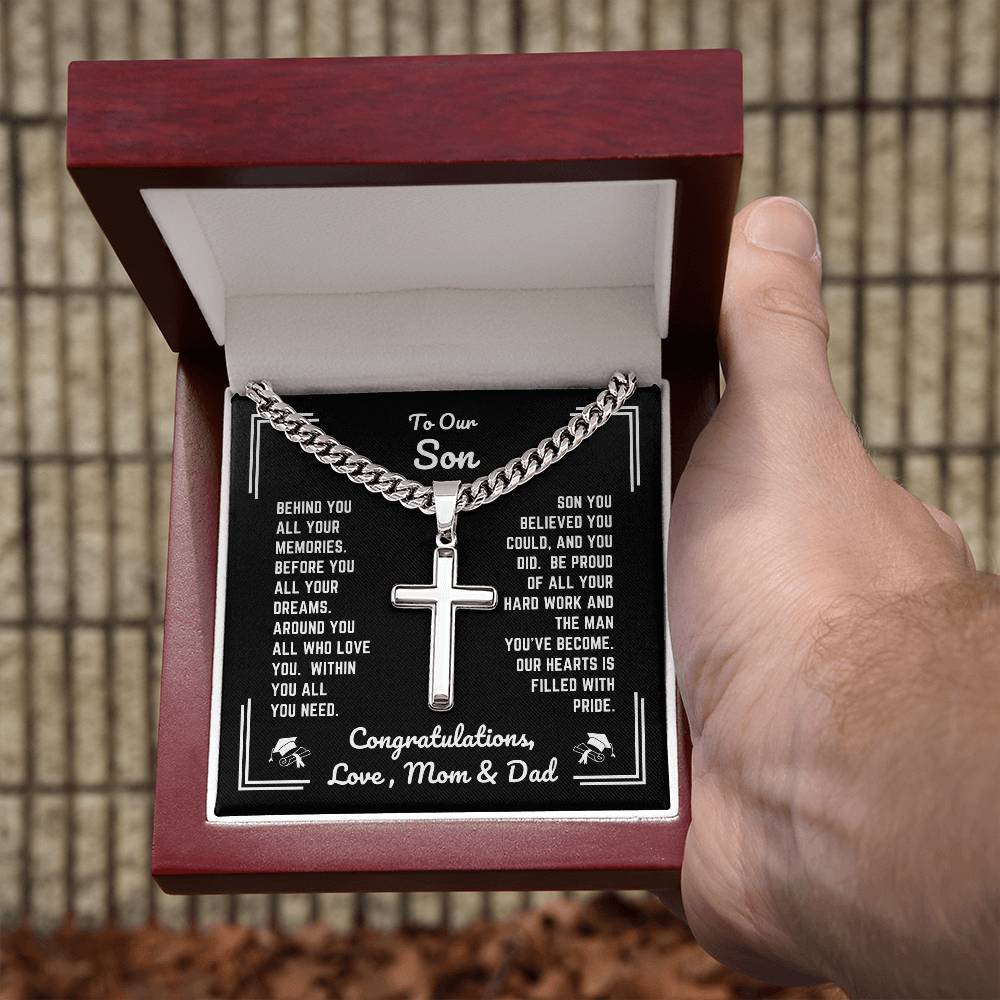 Mom & Dad - To Our Son - Graduation - Personalized Cross Necklace with Cuban Link Chain - Graduation Gift - Gift from Mom & Dad