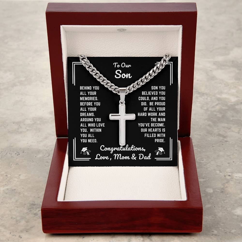 Mom & Dad - To Our Son - Graduation - Personalized Cross Necklace with Cuban Link Chain - Graduation Gift - Gift from Mom & Dad