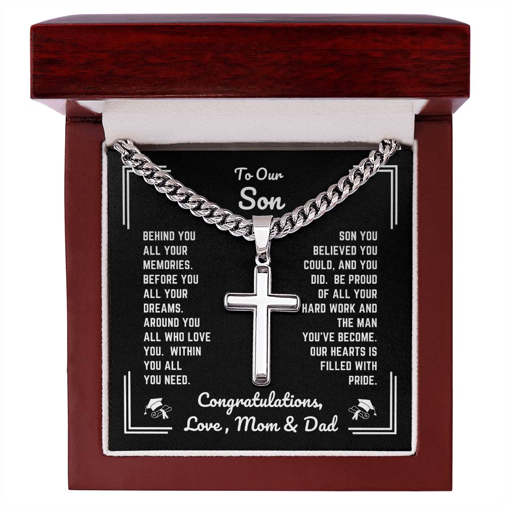 Mom & Dad - To Our Son - Graduation - Personalized Cross Necklace with Cuban Link Chain - Graduation Gift - Gift from Mom & Dad