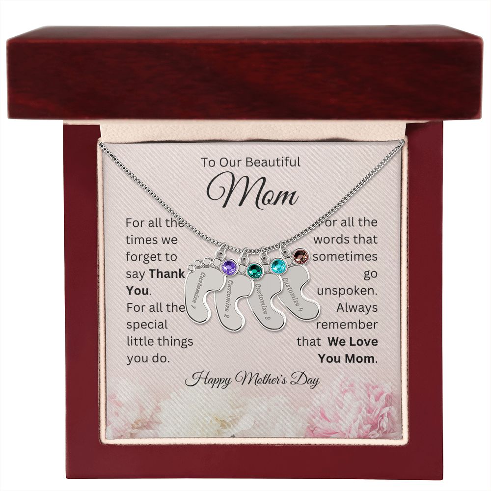 Happy Mother's Day - To Our Beautiful Mom - We Love You Mom - Engraved Baby Feet with Birthstones Necklace - Mother's Day Gift - Gift for Mom