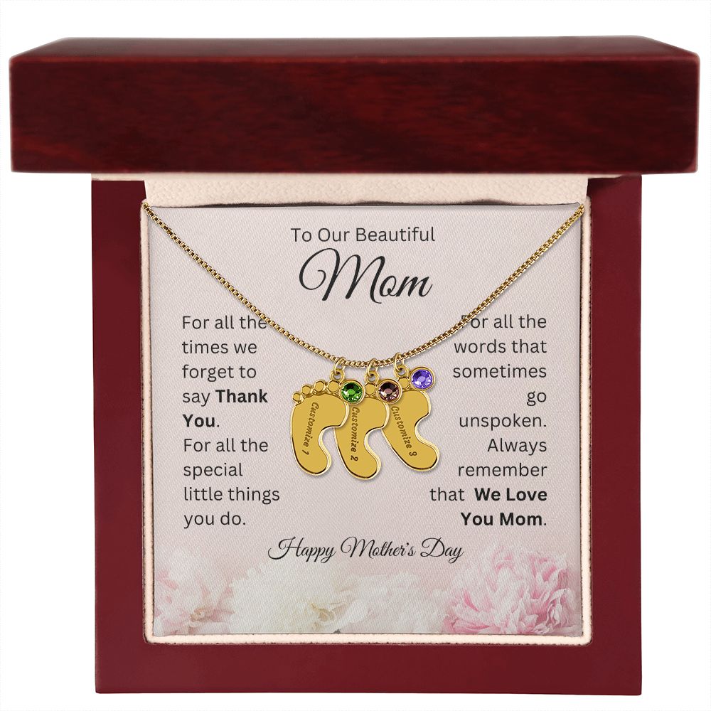 Happy Mother's Day - To Our Beautiful Mom - We Love You Mom - Engraved Baby Feet with Birthstones Necklace - Mother's Day Gift - Gift for Mom