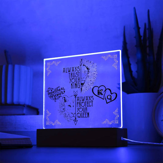 Together Forever K & Q - Acrylic Square Plaque LED Night Light- Couples Gift - Husband & Wife Gift - Wedding Gift - Romantic Gift - Anniversary Gift - Valentines Gift - Birthday Gift