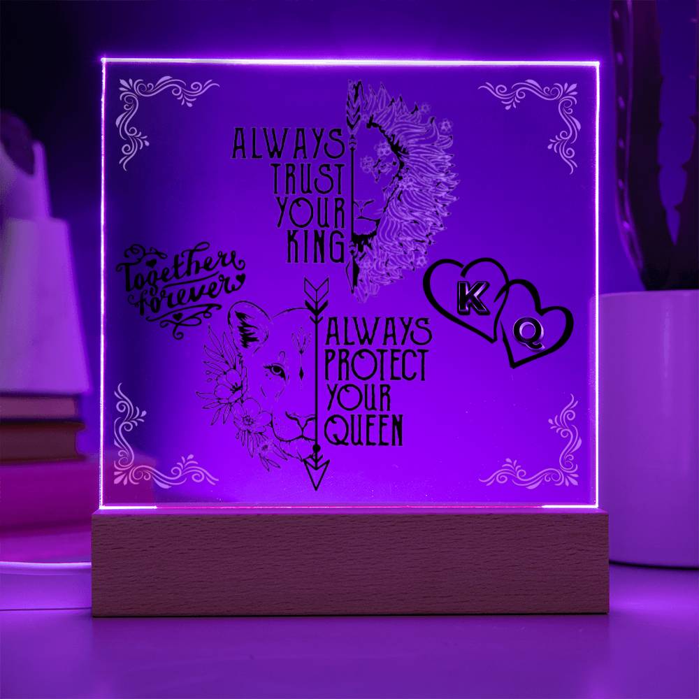 Together Forever K & Q - Acrylic Square Plaque LED Night Light- Couples Gift - Husband & Wife Gift - Wedding Gift - Romantic Gift - Anniversary Gift - Valentines Gift - Birthday Gift