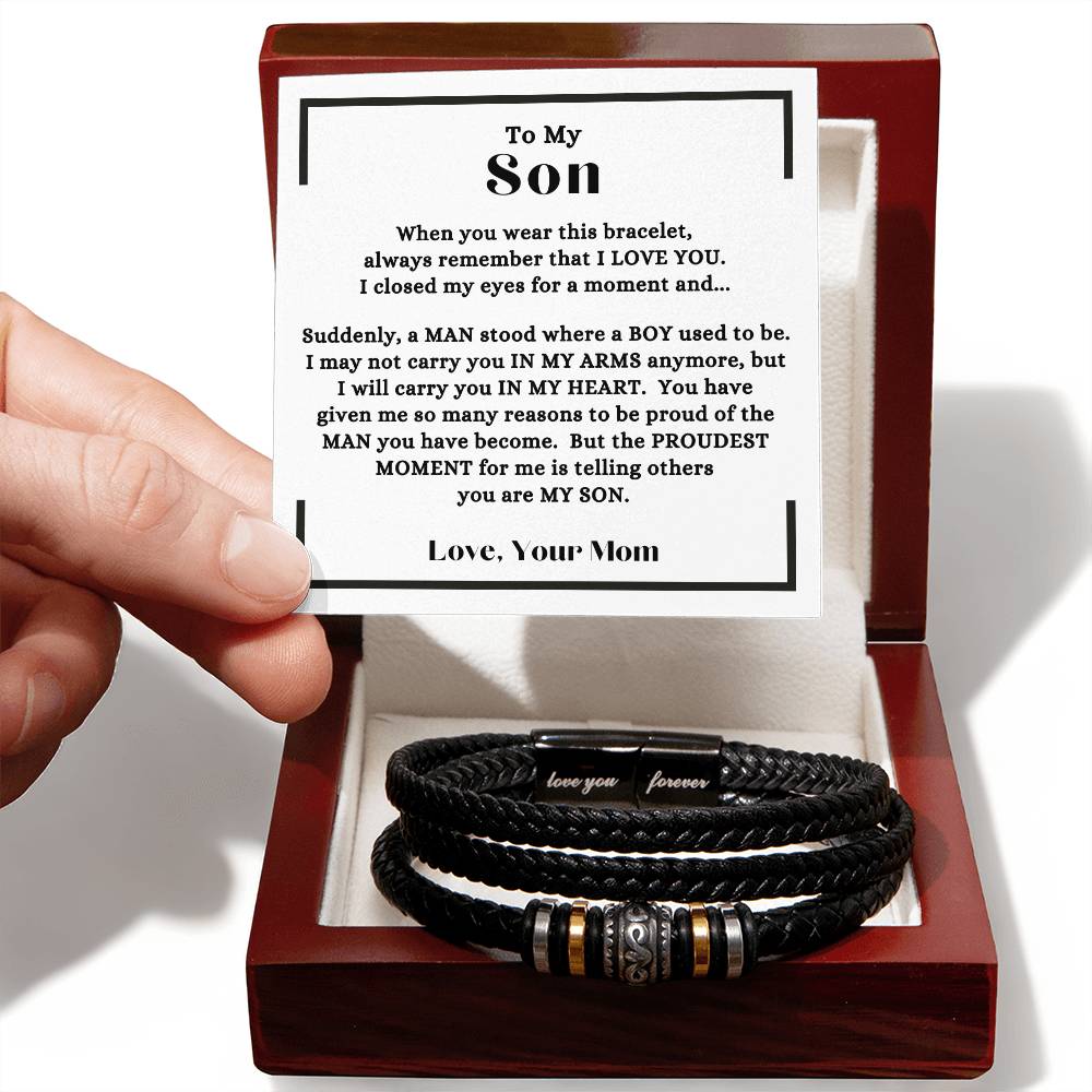 Mom - To My Son - I Will Carry You In My Heart -  Gift to Son from Mom - Love You Forever Bracelet - Birthday - Graduation - Holiday Gift - Father's Day - Special Occasion Gift