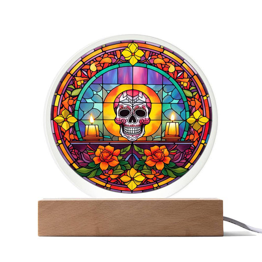 Stained Glass Day of the Dead Sugar Skull - Acrylic Circle Plaque LED Light - Dia De Los Muertos - Day of the Dead Gift - Mexican Skull