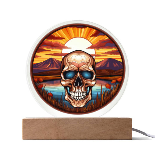 Brown Stained Glass Sugar Skull - Acrylic Circle Plaque LED Light  - Dia De Los Muertos - Day of the Dead Gift - Mexican Skull