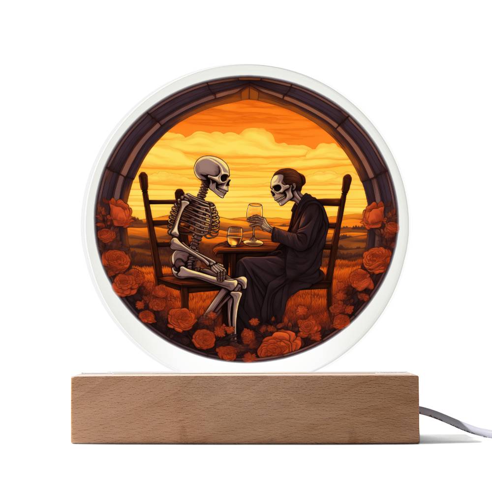 Stained Glass Skeleton  Drinking Relatives - Acrylic Circle Plaque LED Light - Dia De Los Muertos - Day of the Dead Gift - Mexican Skeletons - Cinco De Mayo -Mexican Festival