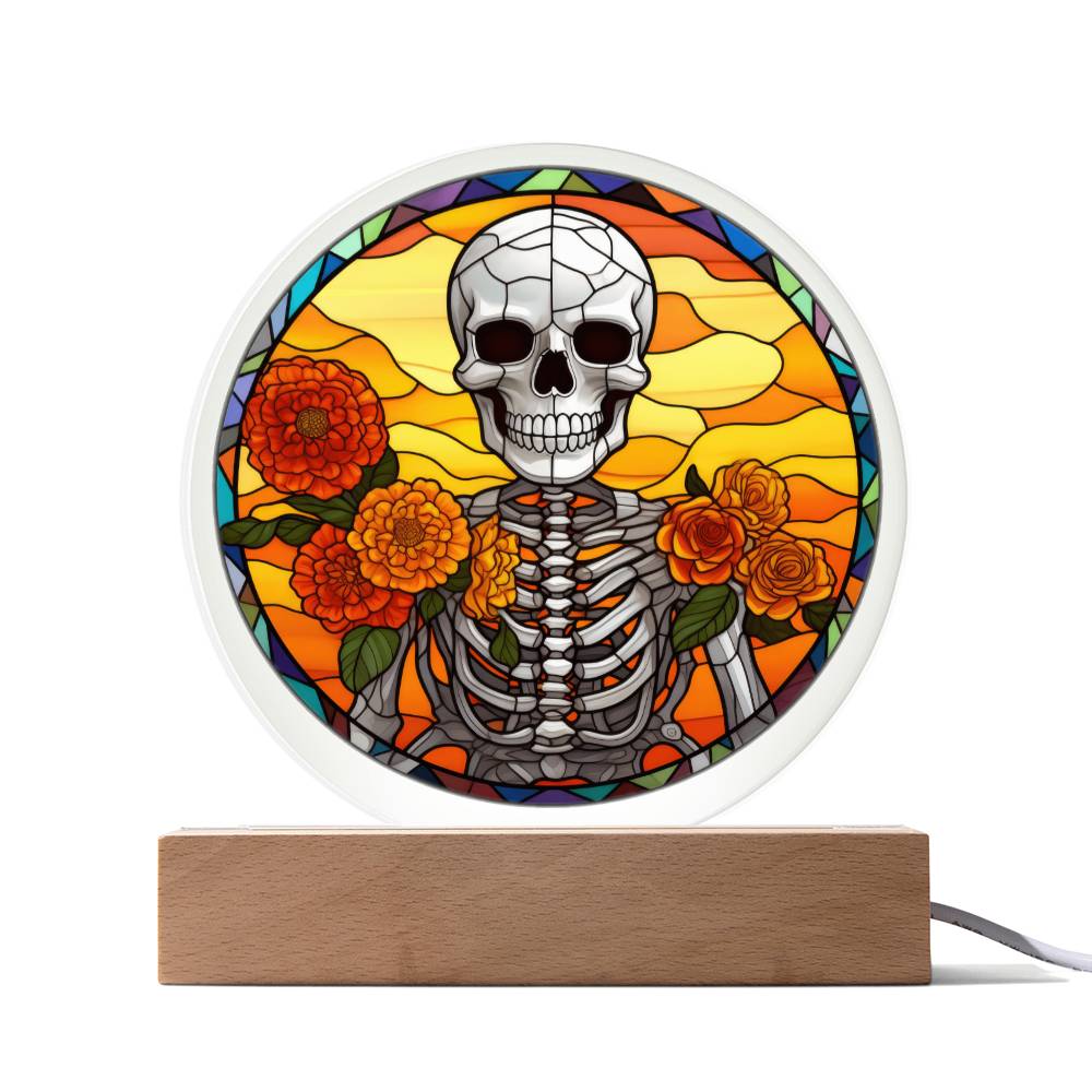 Marigolds Skeleton - Acrylic Circle Plaque LED Light - Dia De Los Muertos - Day of the Dead Gift - Mexican Skeleton -  Cinco De Mayo