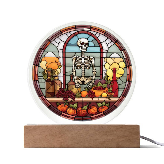 Stained Glass Skeleton and Offering for the dead - Acrylic Circle Plaque LED Light - Dia De Los Muertos - Day of the Dead Gift - Cinco De Mayo - Mexican Festival