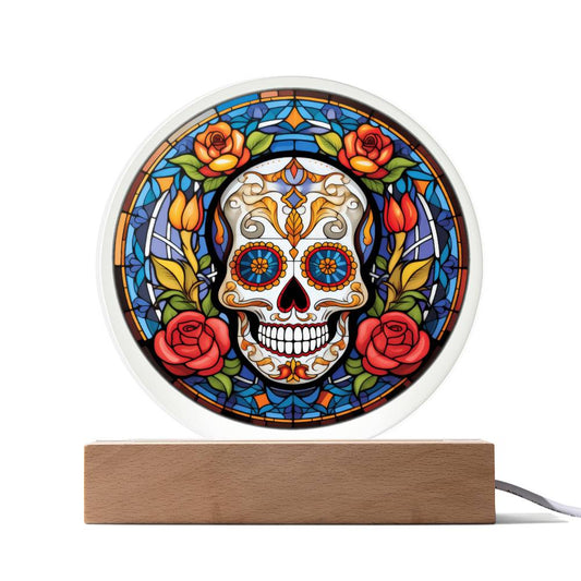 Stained Glass Sugar Skull Day of the Dead - Acrylic Circle Plaque LED Light - Dia De Los Muertos - Day of the Dead Gift - Mexican Skull - Cinco De Mayo - Mexican Festival