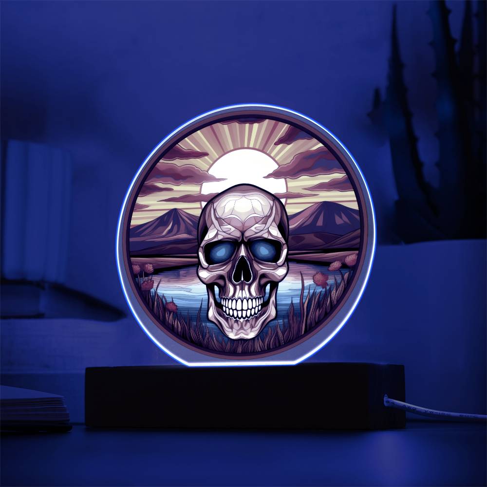 Brown Stained Glass Sugar Skull - Acrylic Circle Plaque LED Light  - Dia De Los Muertos - Day of the Dead Gift - Mexican Skull