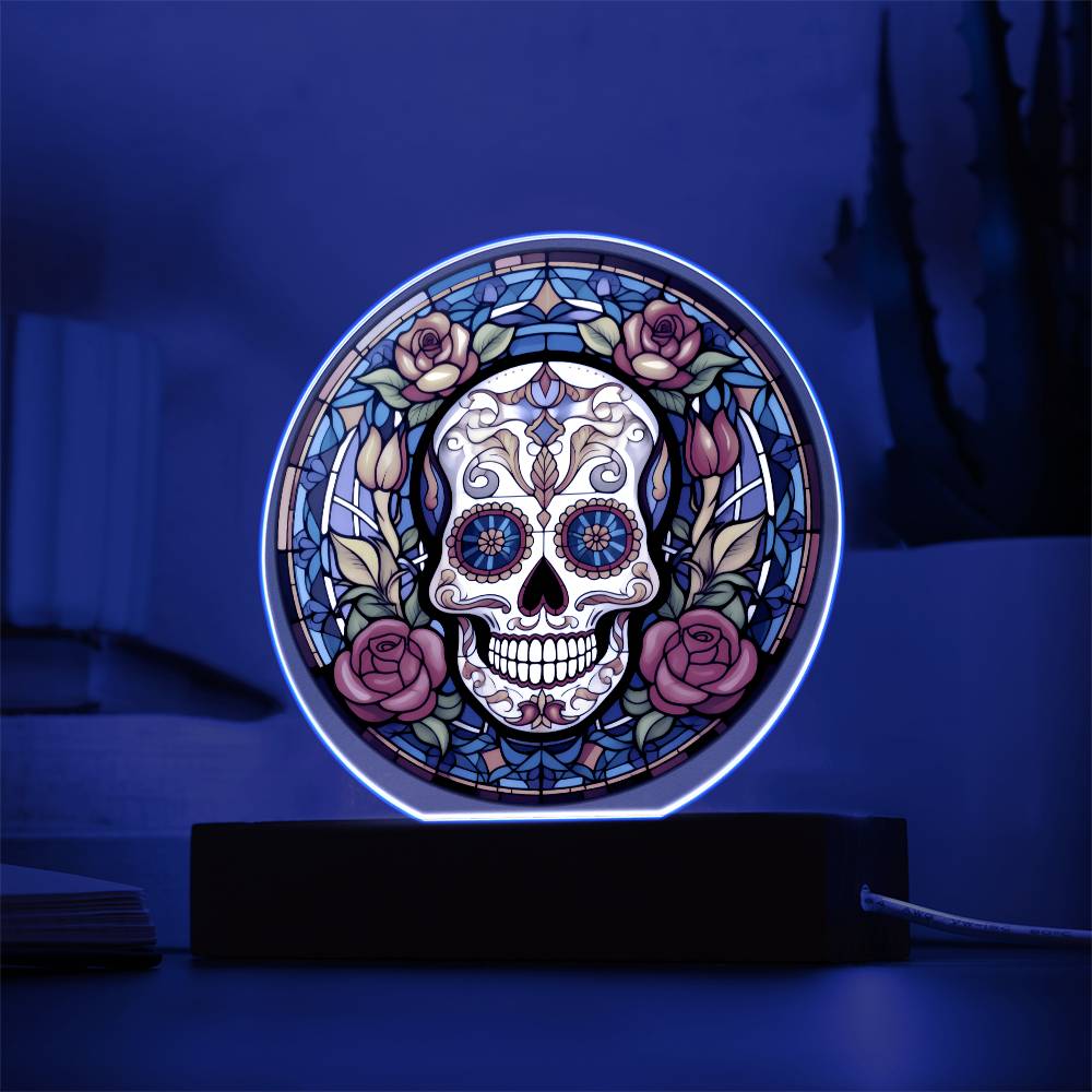 Stained Glass Sugar Skull Day of the Dead - Acrylic Circle Plaque LED Light - Dia De Los Muertos - Day of the Dead Gift - Mexican Skull - Cinco De Mayo - Mexican Festival