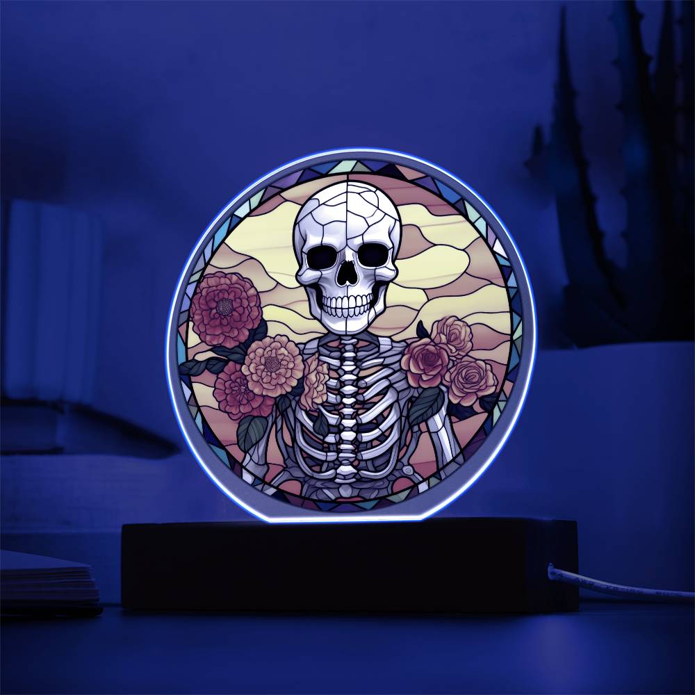 Marigolds Skeleton - Acrylic Circle Plaque LED Light - Dia De Los Muertos - Day of the Dead Gift - Mexican Skeleton -  Cinco De Mayo