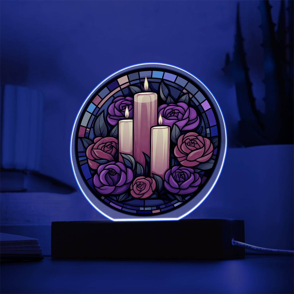 Stained Glass Marigolds & Candles Offering for the Dead - Acrylic Circle Plaque  LED Light - Dia De Los Muertos - Day of the Dead Gift - Cinco De Mayo - Mexican Festival