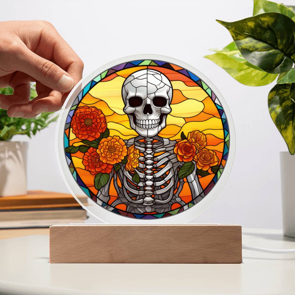 Marigolds Skeleton - Acrylic Circle Plaque LED Light - Dia De Los Muertos - Day of the Dead Gift - Mexican Skeleton -  Cinco De Mayo