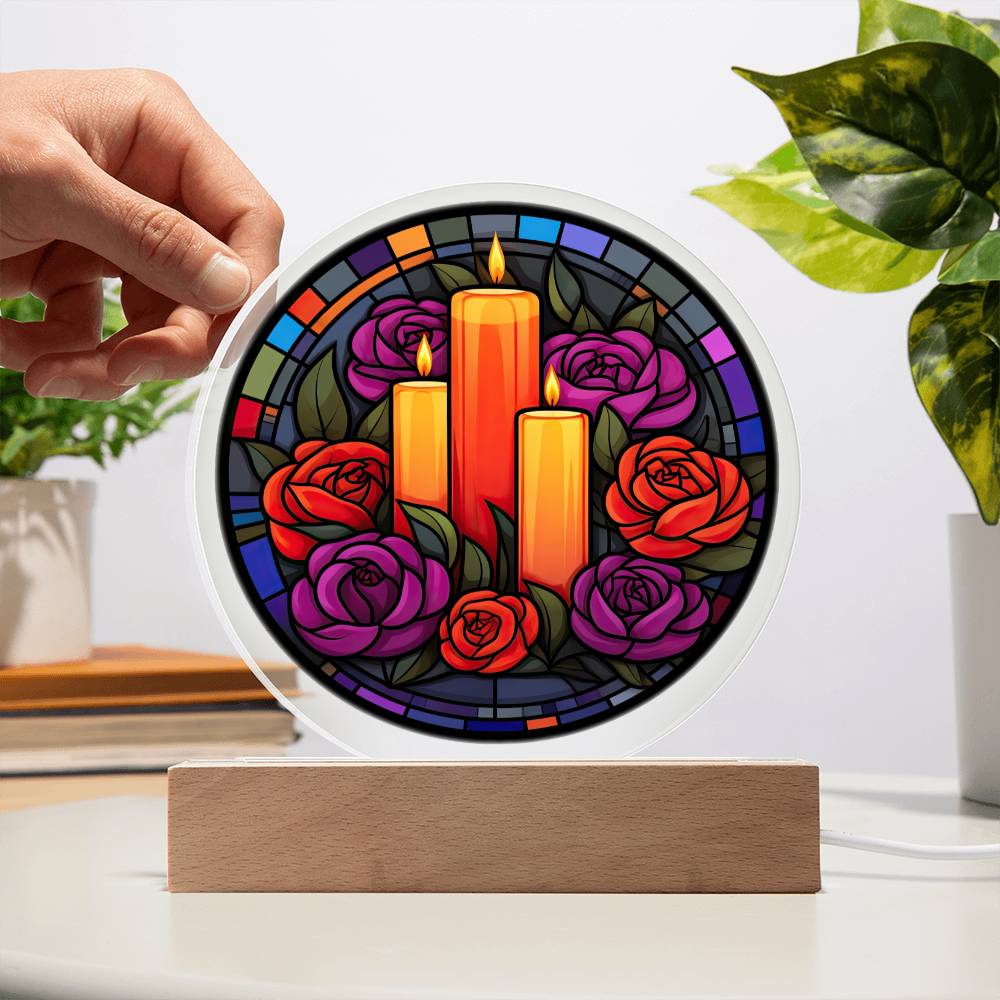 Stained Glass Marigolds & Candles Offering for the Dead - Acrylic Circle Plaque  LED Light - Dia De Los Muertos - Day of the Dead Gift - Cinco De Mayo - Mexican Festival