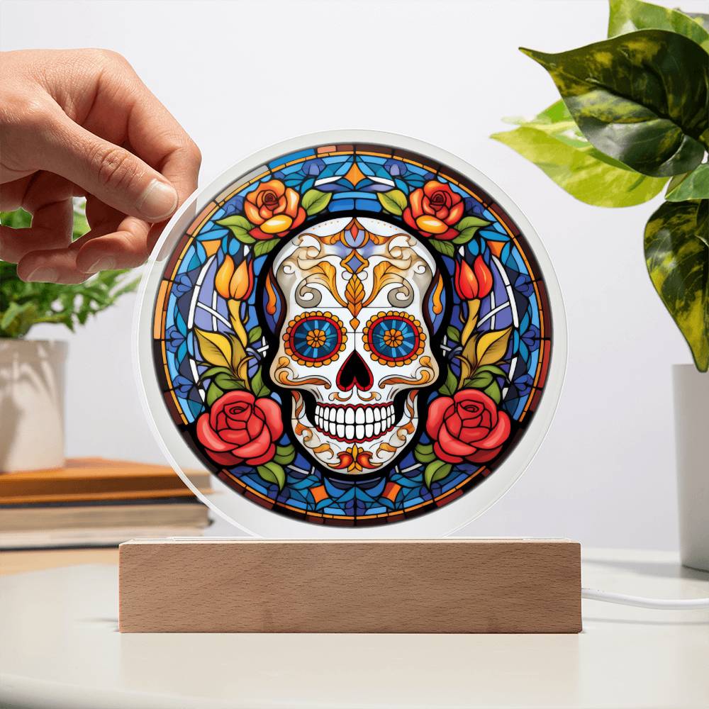 Stained Glass Sugar Skull Day of the Dead - Acrylic Circle Plaque LED Light - Dia De Los Muertos - Day of the Dead Gift - Mexican Skull - Cinco De Mayo - Mexican Festival