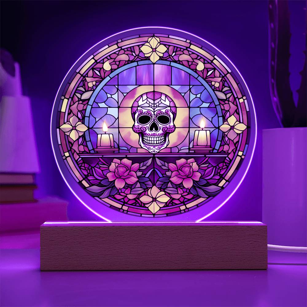 Stained Glass Day of the Dead Sugar Skull - Acrylic Circle Plaque LED Light - Dia De Los Muertos - Day of the Dead Gift - Mexican Skull