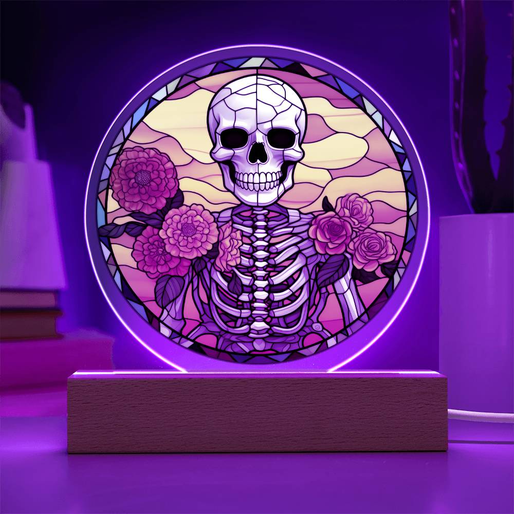 Marigolds Skeleton - Acrylic Circle Plaque LED Light - Dia De Los Muertos - Day of the Dead Gift - Mexican Skeleton -  Cinco De Mayo