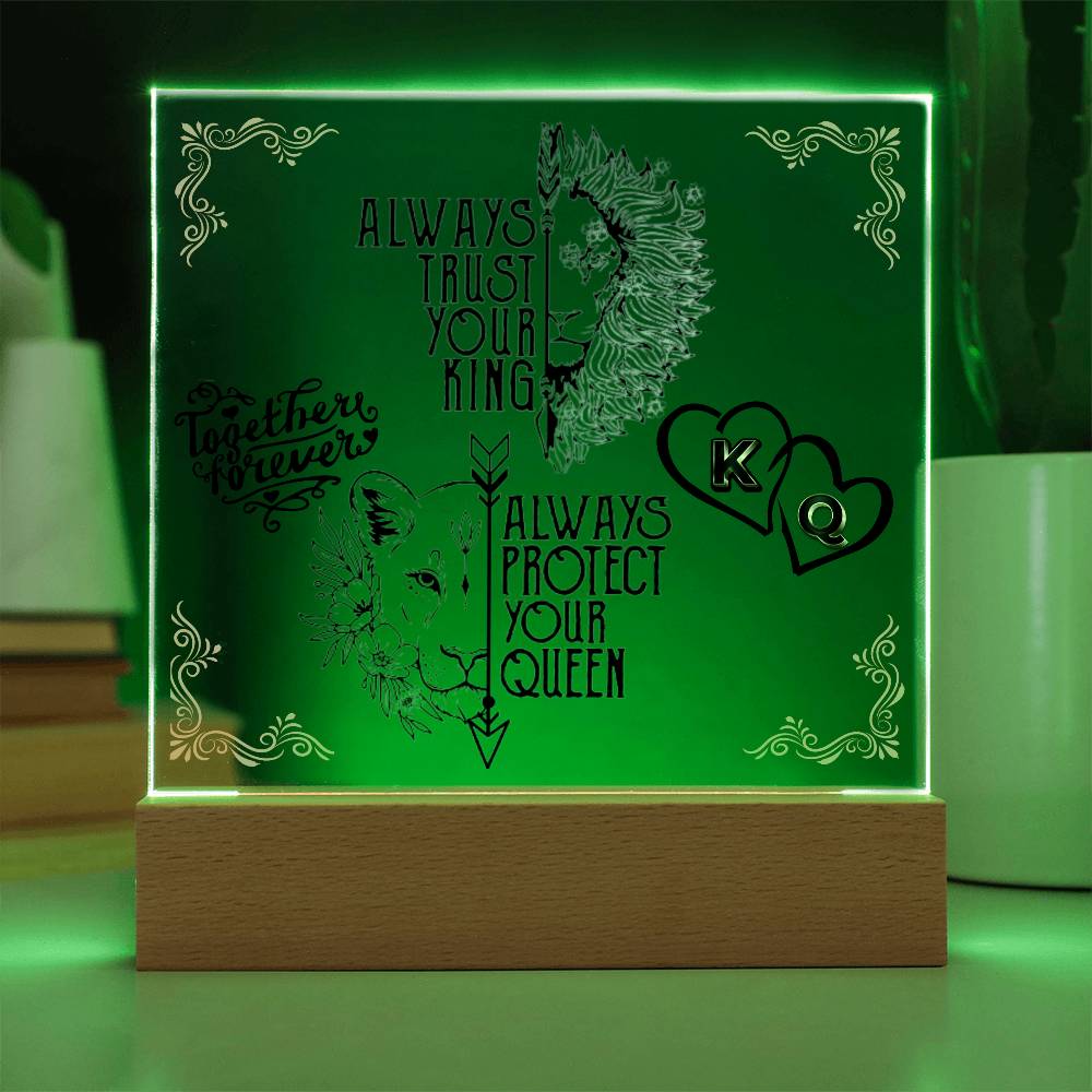 Together Forever K & Q - Acrylic Square Plaque LED Night Light- Couples Gift - Husband & Wife Gift - Wedding Gift - Romantic Gift - Anniversary Gift - Valentines Gift - Birthday Gift