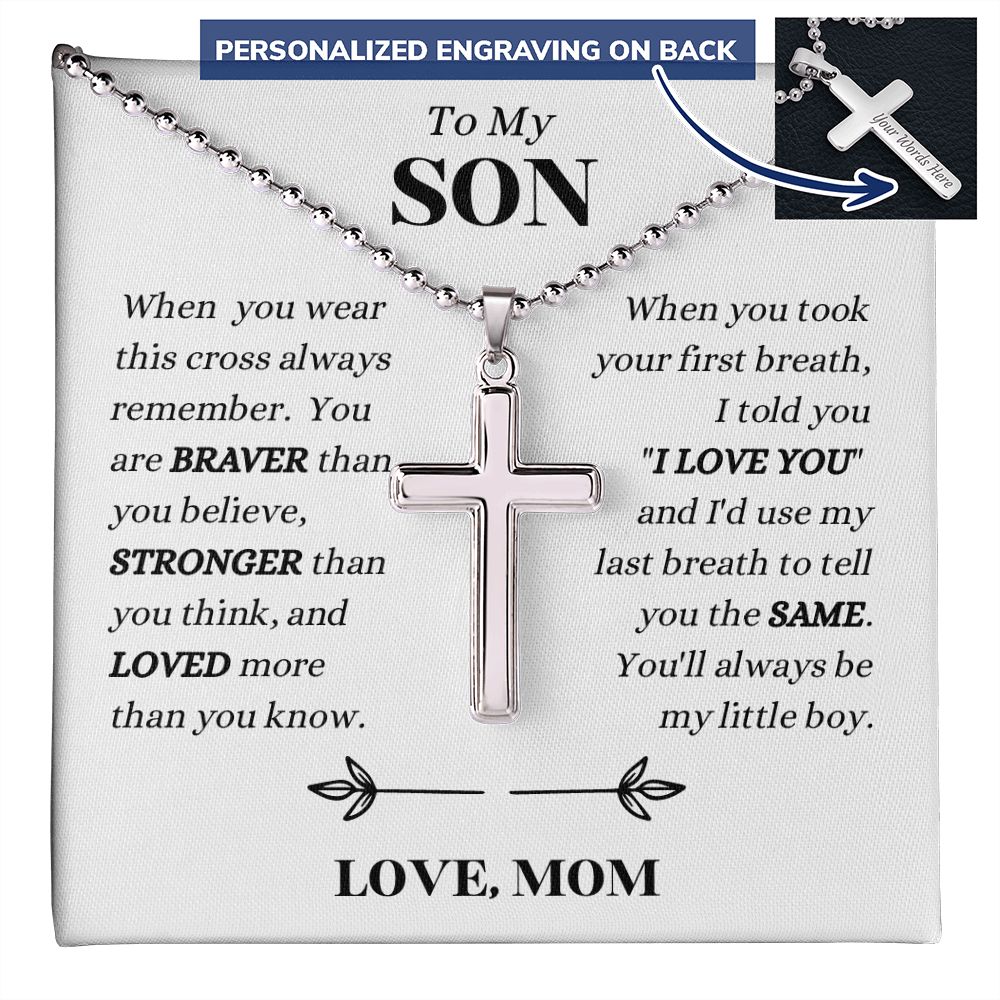 Mom - To My SON - Always Remember - Personalized Cross Necklace with Military Style Ball Chain -Son Gift from Mom  - Birthday Gift - Father's Day Gift from Mom - Grad Gift - Holiday Gift