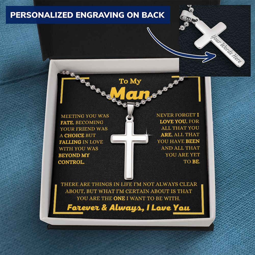 To My Man - I Love You - Personalized Cross with Military Style Ball Chain - Romantic Gift for Him -Birthday Gift - Holiday Gift