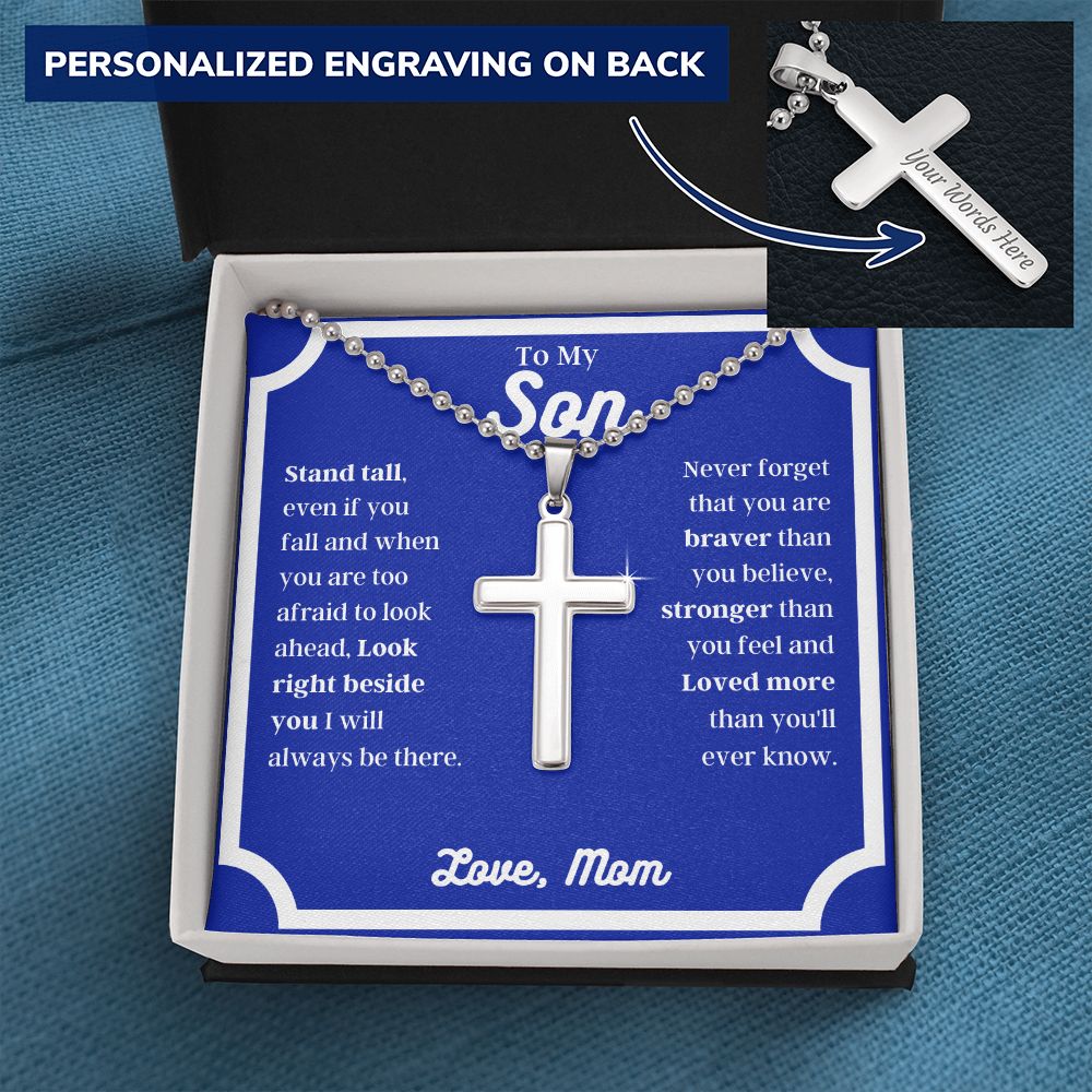 Mom - To My Son - Stand Tall - Personalized Cross Necklace with Military Style Ball Chain -Son Gift - Birthday - Father's Day Gift from Mom - Grad Gift - Holiday Gift