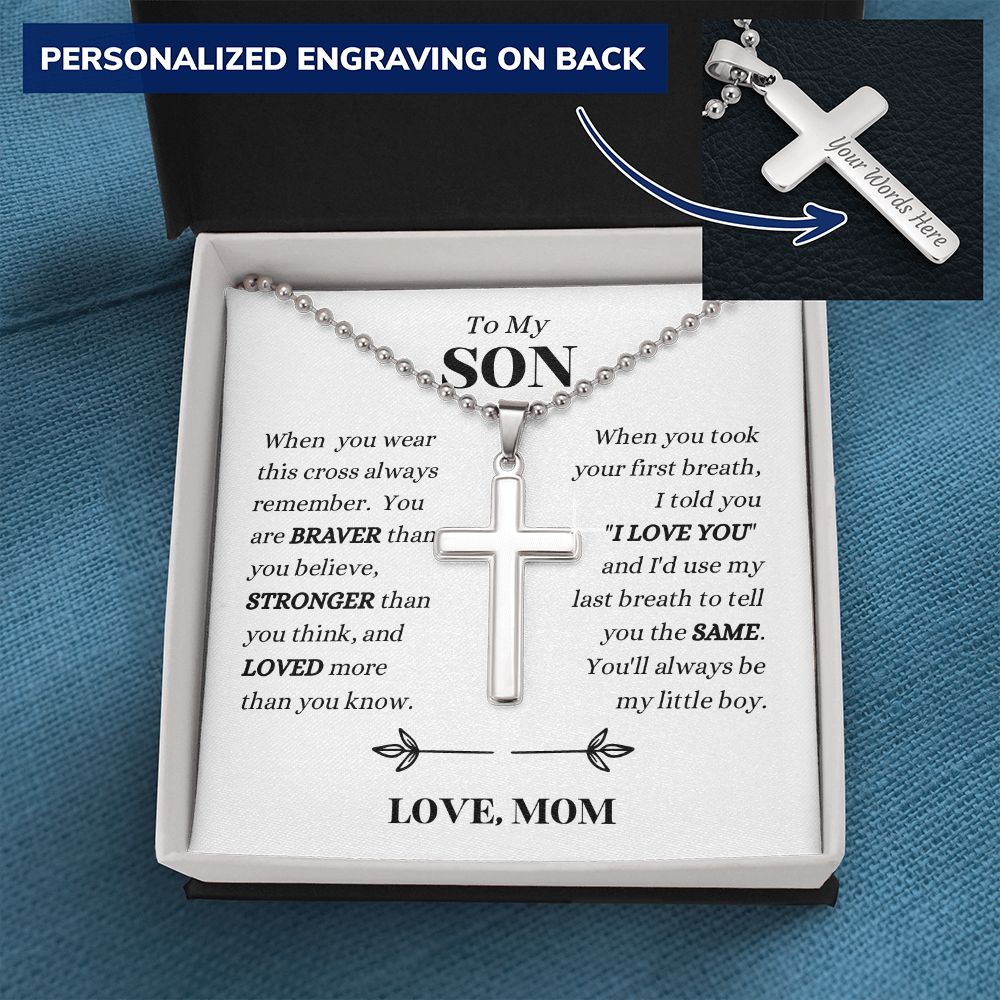 Mom - To My SON - Always Remember - Personalized Cross Necklace with Military Style Ball Chain -Son Gift from Mom  - Birthday Gift - Father's Day Gift from Mom - Grad Gift - Holiday Gift