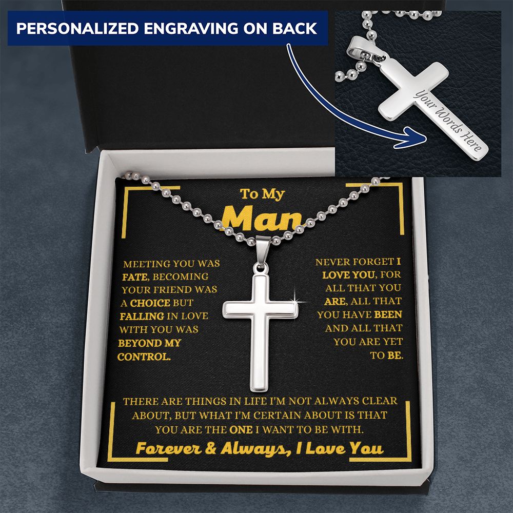To My Man - I Love You - Personalized Cross with Military Style Ball Chain - Romantic Gift for Him -Birthday Gift - Holiday Gift