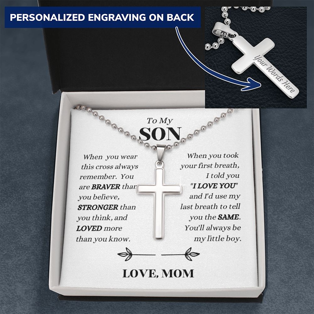 Mom - To My SON - Always Remember - Personalized Cross Necklace with Military Style Ball Chain -Son Gift from Mom  - Birthday Gift - Father's Day Gift from Mom - Grad Gift - Holiday Gift