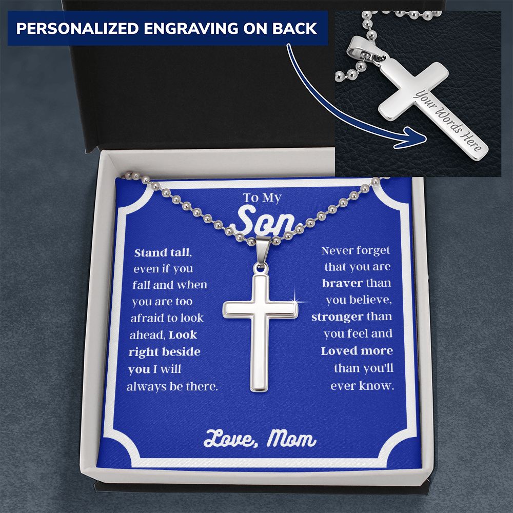 Mom - To My Son - Stand Tall - Personalized Cross Necklace with Military Style Ball Chain -Son Gift - Birthday - Father's Day Gift from Mom - Grad Gift - Holiday Gift