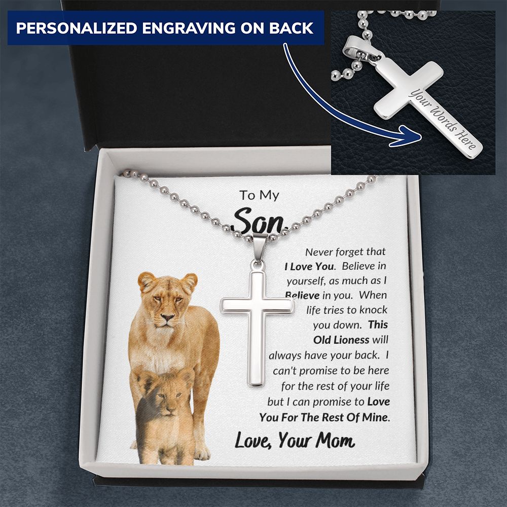 Mom - To My Son - I Love You - Personalized Cross Necklace with Military Style Ball Chain -Son Gift - Birthday - Father's Day Gift from Mom - Grad Gift - Holiday Gift