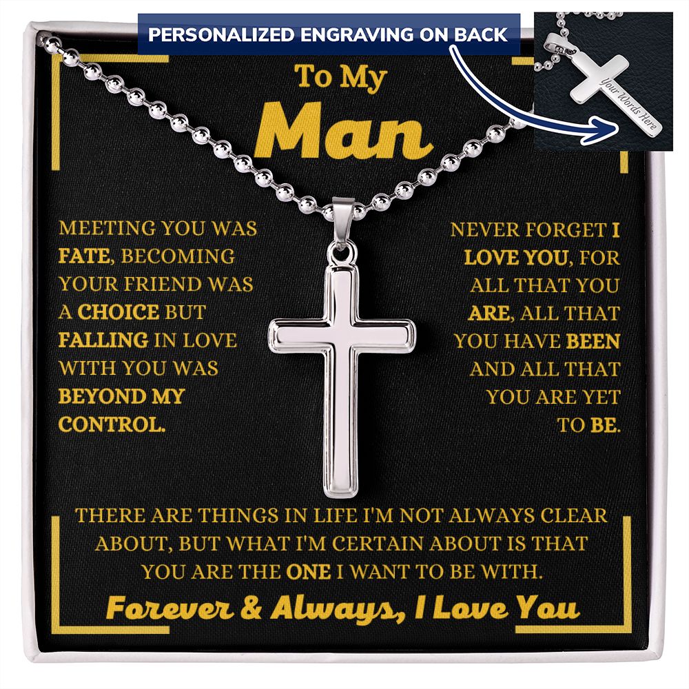 To My Man - I Love You - Personalized Cross with Military Style Ball Chain - Romantic Gift for Him -Birthday Gift - Holiday Gift