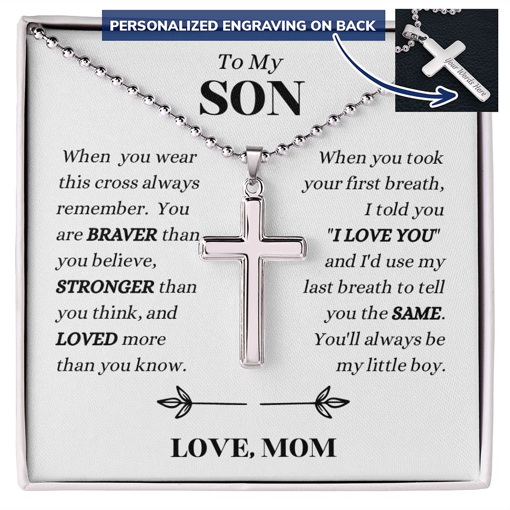 Mom - To My SON - Always Remember - Personalized Cross Necklace with Military Style Ball Chain -Son Gift from Mom  - Birthday Gift - Father's Day Gift from Mom - Grad Gift - Holiday Gift