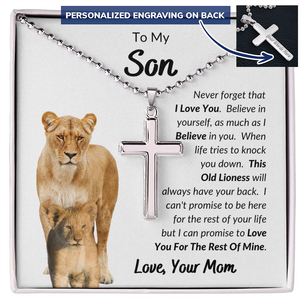 Mom - To My Son - I Love You - Personalized Cross Necklace with Military Style Ball Chain -Son Gift - Birthday - Father's Day Gift from Mom - Grad Gift - Holiday Gift