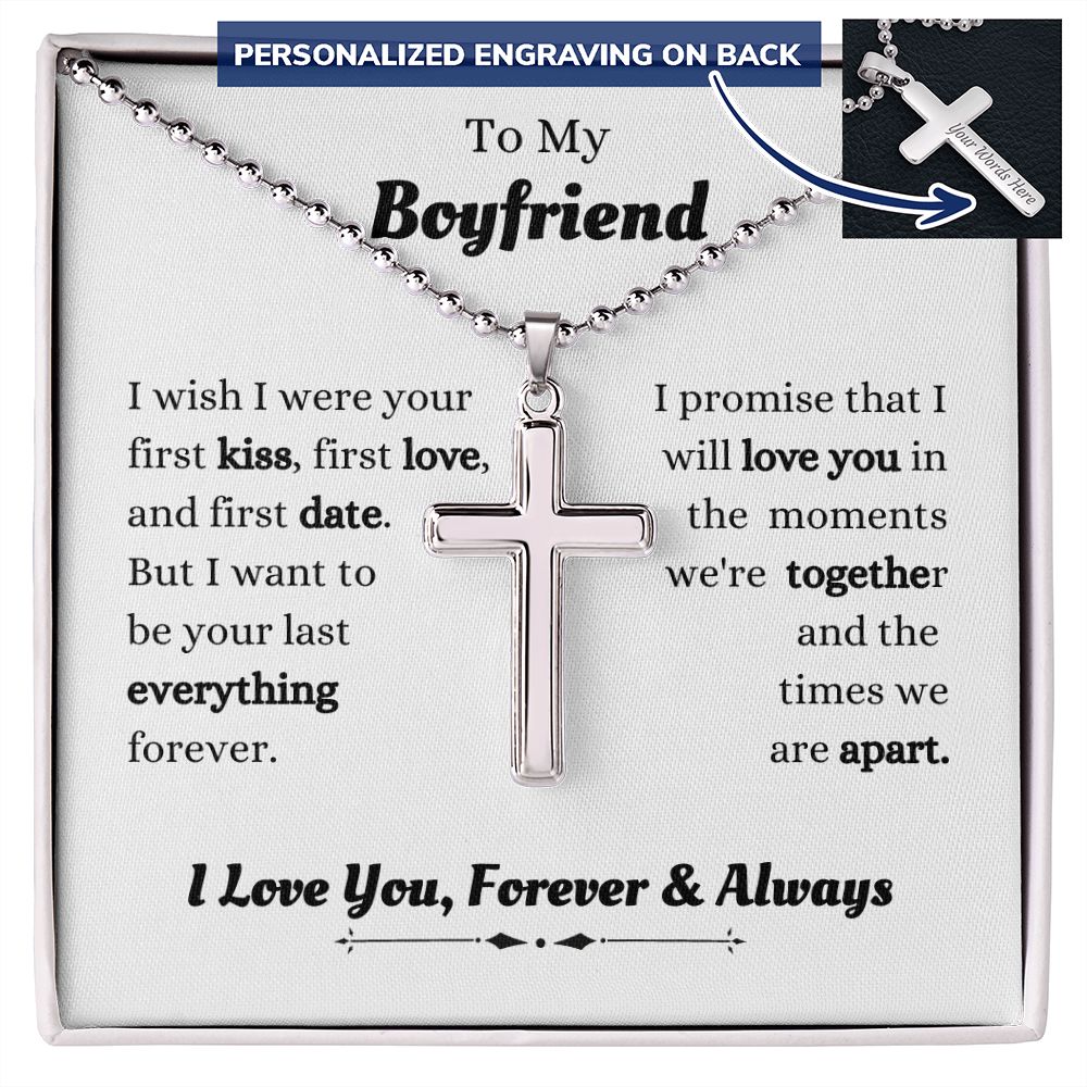 To My Boyfriend - I Promise That I - Personalized Cross Necklace with Military Style Ball Chain - Romantic Gift for Him - Birthday Gift - Holiday Gift