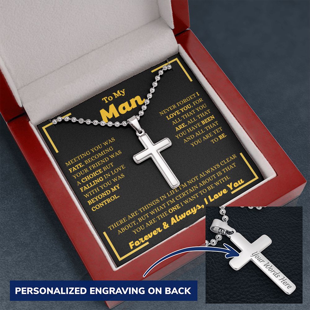 To My Man - I Love You - Personalized Cross with Military Style Ball Chain - Romantic Gift for Him -Birthday Gift - Holiday Gift