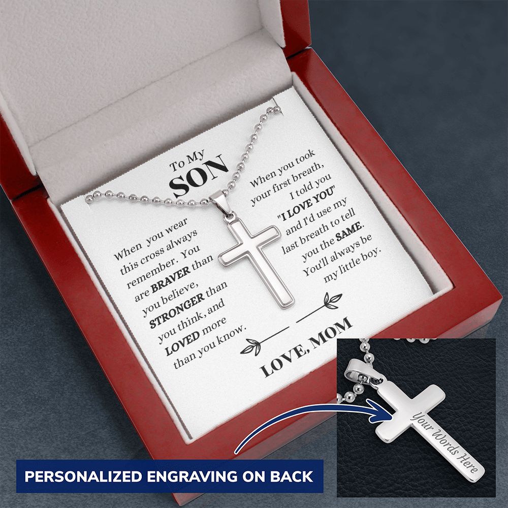 Mom - To My SON - Always Remember - Personalized Cross Necklace with Military Style Ball Chain -Son Gift from Mom  - Birthday Gift - Father's Day Gift from Mom - Grad Gift - Holiday Gift