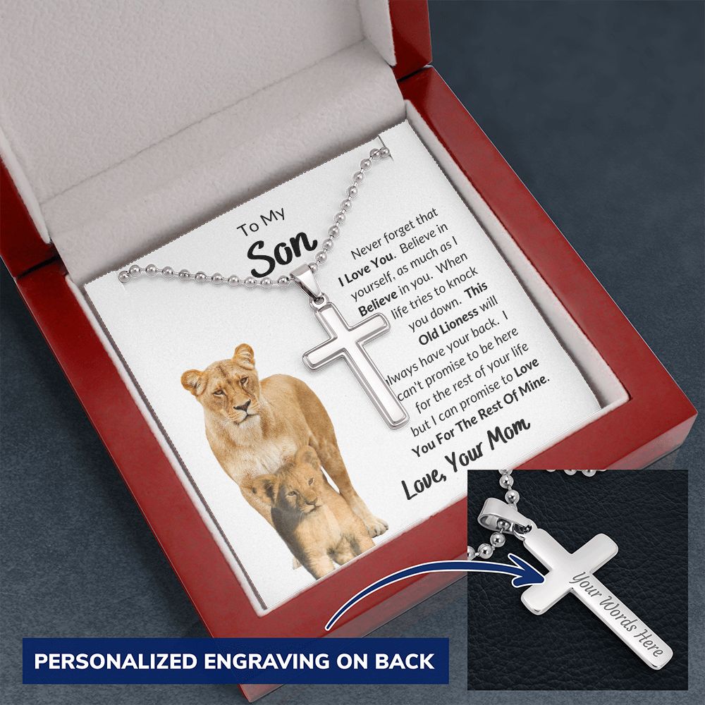 Mom - To My Son - I Love You - Personalized Cross Necklace with Military Style Ball Chain -Son Gift - Birthday - Father's Day Gift from Mom - Grad Gift - Holiday Gift