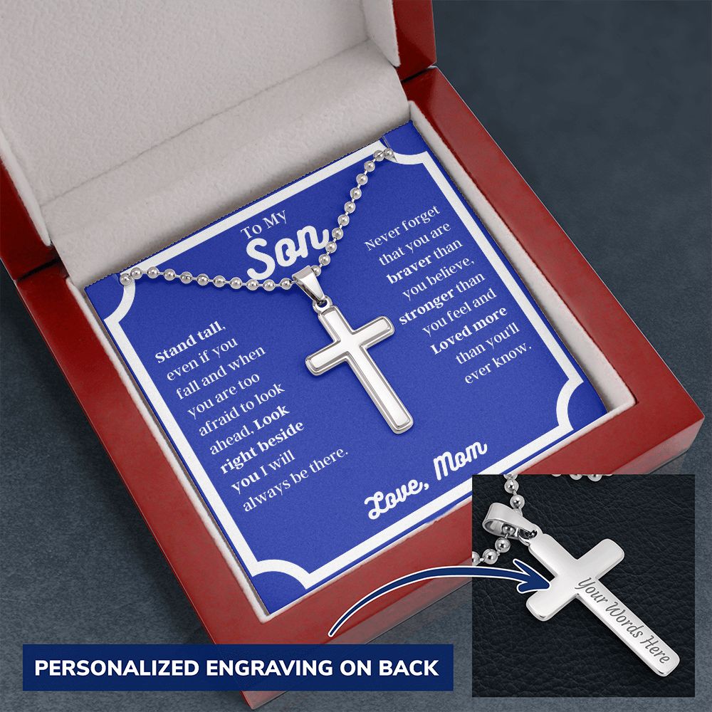 Mom - To My Son - Stand Tall - Personalized Cross Necklace with Military Style Ball Chain -Son Gift - Birthday - Father's Day Gift from Mom - Grad Gift - Holiday Gift