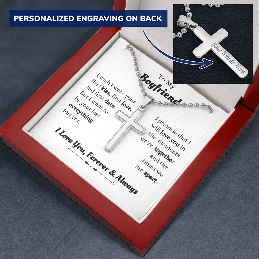 To My Boyfriend - I Promise That I - Personalized Cross Necklace with Military Style Ball Chain - Romantic Gift for Him - Birthday Gift - Holiday Gift